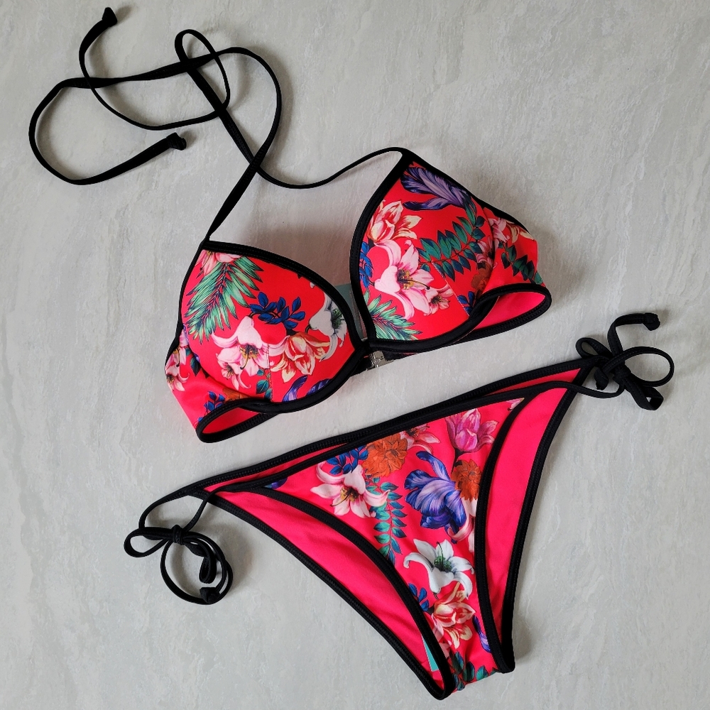 Brand new with tags, H&M hot pink with floral print string bikini swimsuit.